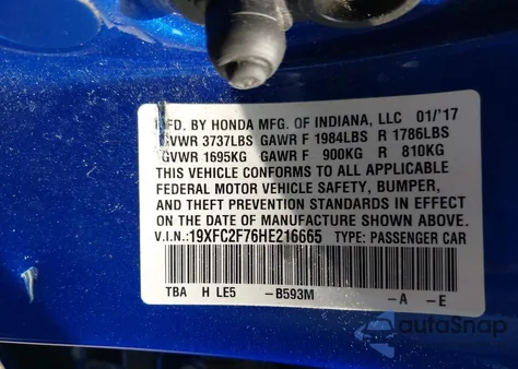 2017 Honda Civic Ex from USA, damaged, VIN 19XFC2F76HE216665